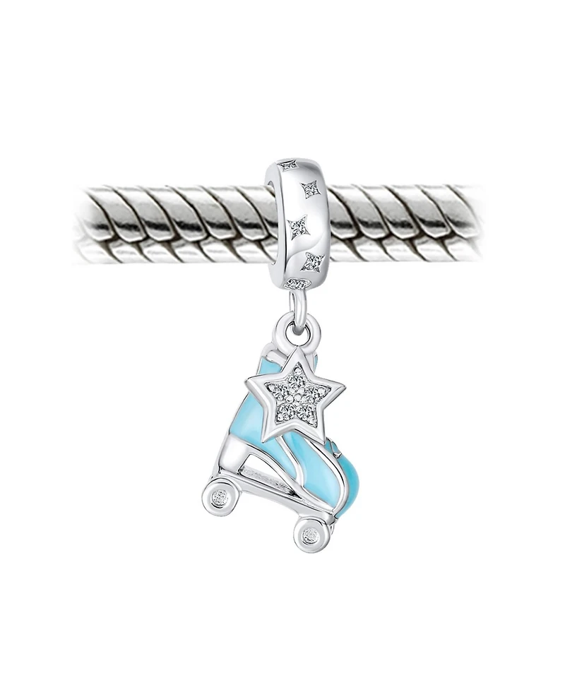 Bling Jewelry Sport Roller Rink Star Dangling Blue Roller Skates Bead Fits European Charm Bracelet Enamel Sterling Silver