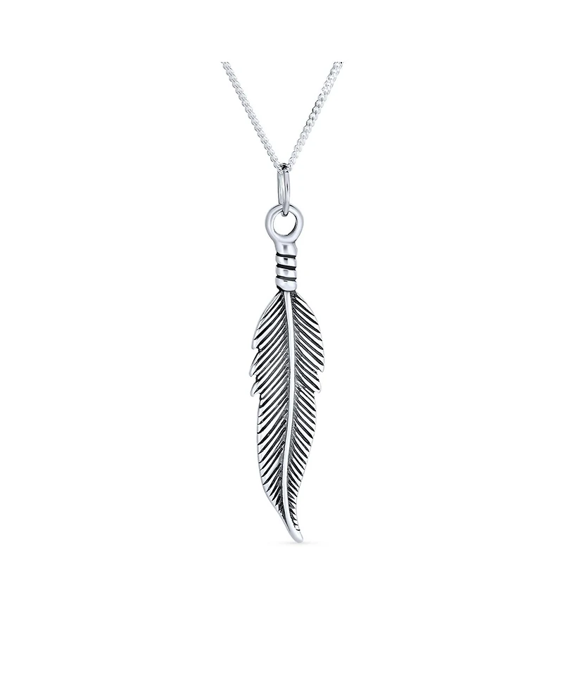 Bling Jewelry Feather Leaf Dangling Pendant Charm Necklace For Women Blackened Sterling Silver 18 Inches