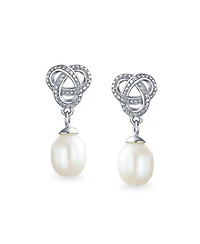 Bling Jewelry Love Knot White Freshwater Cultured Pearl Teardrop Dangle Earrings Prom Sterling Silver