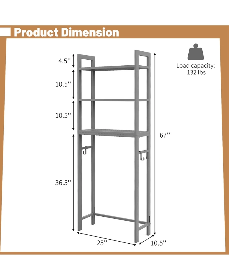 Costway Over-The-Toilet Storage Shelf Space Saving Metal Bathroom Organizer Hooks