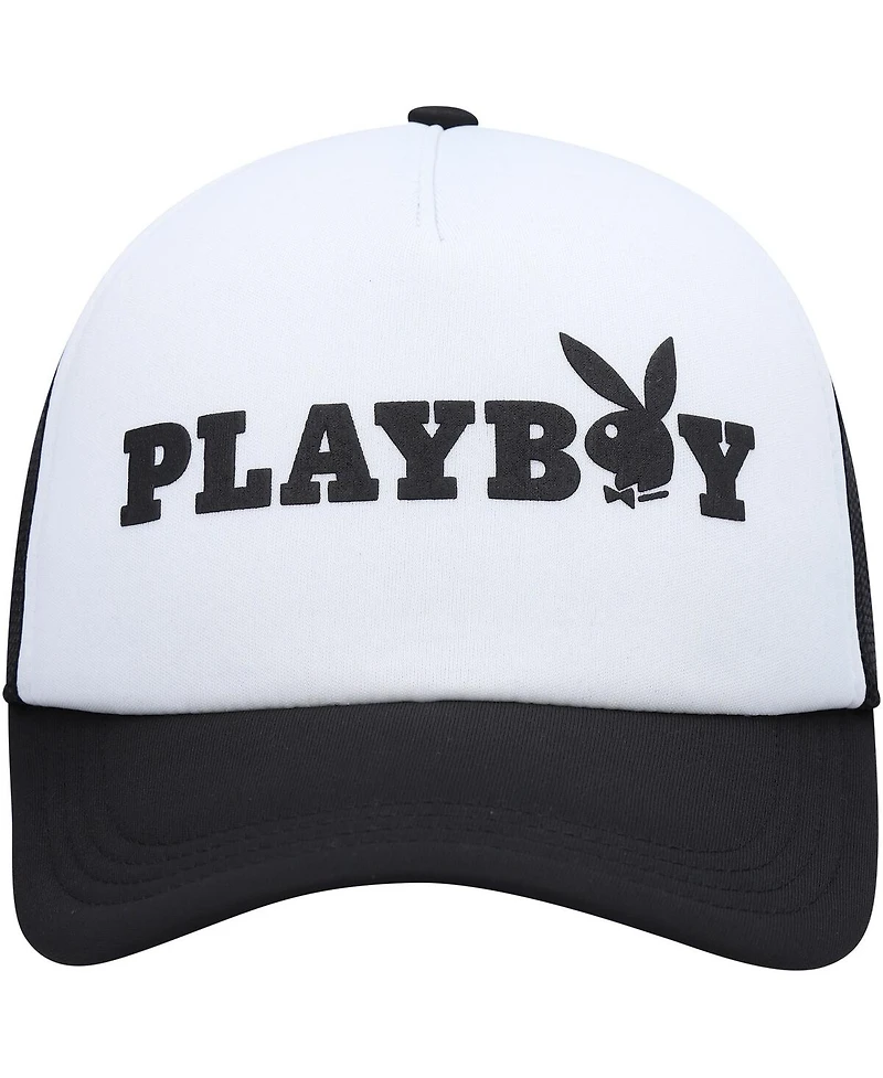 Men's Playboy White, Black Foam Trucker Snapback Hat