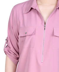 Ny Collection Women's 3/4 Roll Tab Sleeve Zip Front Top