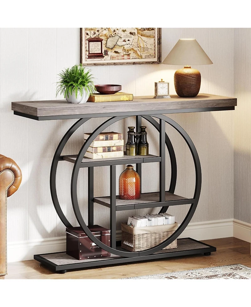 Tribesigns 41.3" Console Table, Industrial 4-Tier Sofa Table Entryway Table with Circle Base, Narrow Wood Accent Tables with Storage Shelves for Livin