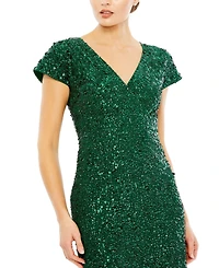 Mac Duggal Women's Sequined Short Sleeve Wrap Over Cocktail Dress