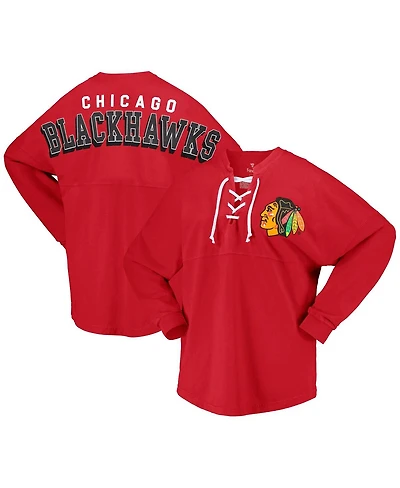 Women's Fanatics Red Chicago Blackhawks Spirit Lace-Up V-Neck Long Sleeve Jersey T-shirt