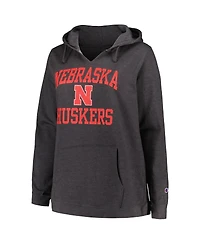 Women's Champion Heather Charcoal Nebraska Huskers Plus Heart & Soul Notch Neck Pullover Hoodie