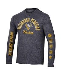 Men's Champion Heather Black Distressed Pittsburgh Penguins Multi-Logo Tri-Blend Long Sleeve T-shirt