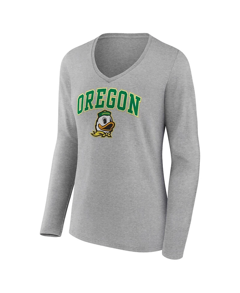 Women's Fanatics Heather Gray Oregon Ducks Evergreen Campus Long Sleeve V-Neck T-shirt