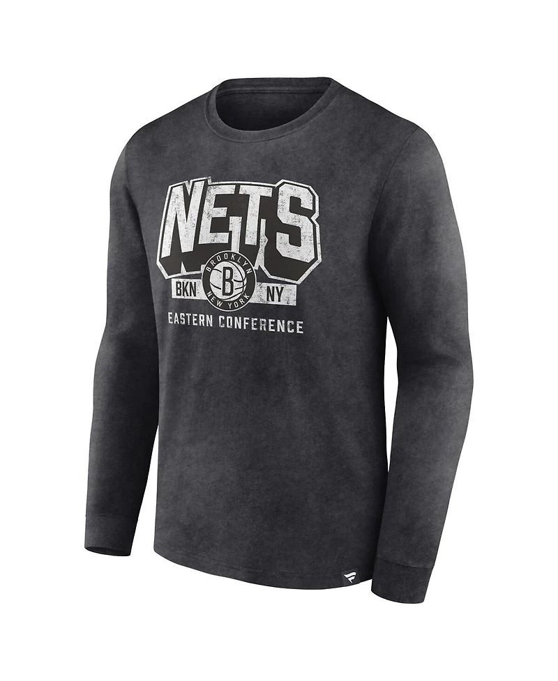 Men's Fanatics Heather Charcoal Distressed Brooklyn Nets Front Court Press Snow Wash Long Sleeve T-shirt