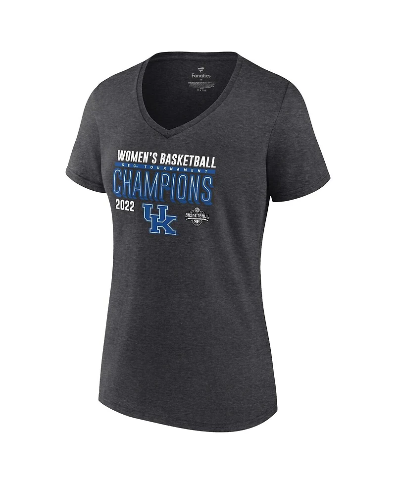 Women's Fanatics Heathered Charcoal Kentucky Wildcats 2022 Sec Women's Basketball Conference Tournament Champions Locker Room V-Neck T-shirt