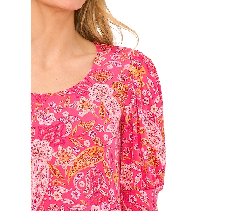 CeCe Women's Paisley-Print Shirred Scoop-Neck 3/4-Sleeve Knit Top