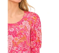 CeCe Women's Paisley-Print Shirred Scoop-Neck 3/4-Sleeve Knit Top