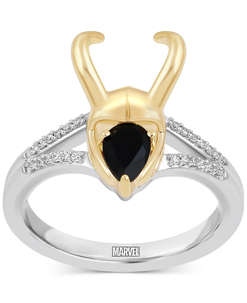 Marvel Wonder Fine Jewelry Onyx & Diamond (1/20 ct. t.w.) Loki Ring in Sterling Silver & Gold-Plate