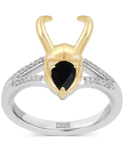 Marvel Wonder Fine Jewelry Onyx & Diamond (1/20 ct. t.w.) Loki Ring in Sterling Silver & Gold-Plate