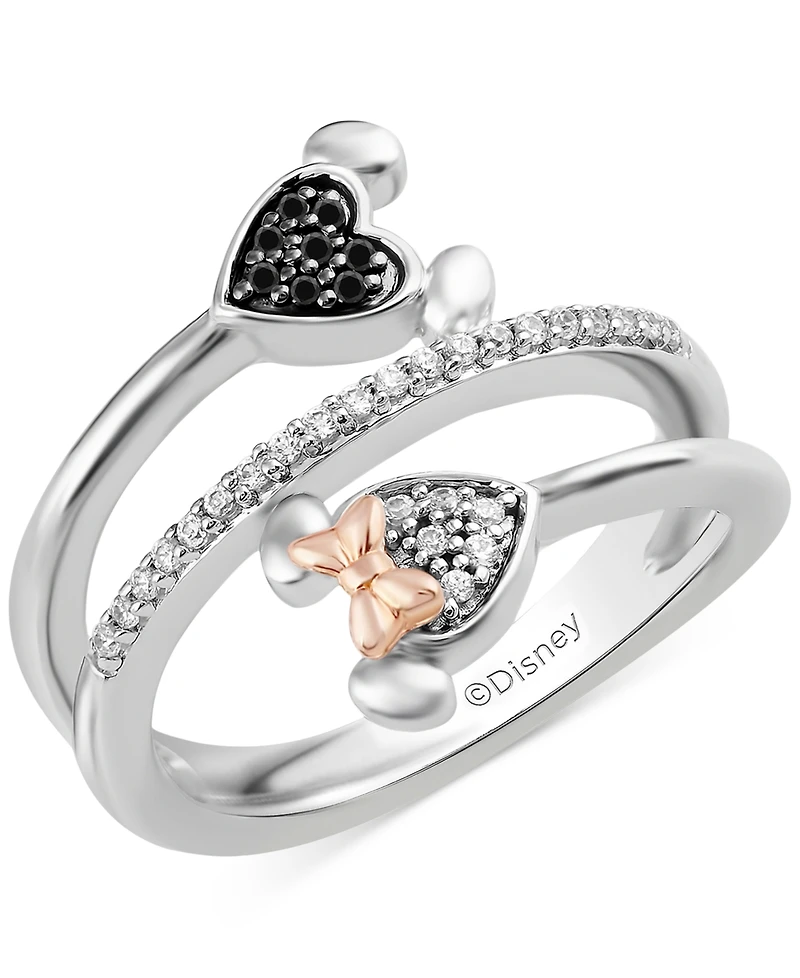 Disney Wonder Fine Jewelry Black & White Diamond Minnie & Mickey Mouse Wrap Ring (1/6 ct. t.w.) in Sterling Silver & Rose Gold-Plate