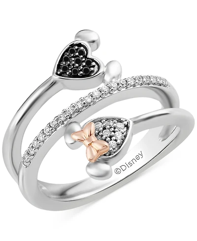 Disney Wonder Fine Jewelry Black & White Diamond Minnie & Mickey Mouse Wrap Ring (1/6 ct. t.w.) in Sterling Silver & Rose Gold-Plate