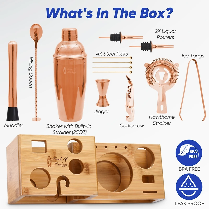 Touch of Mixology Premium 14 Piece Stainless Steel Bartender Kit with Bamboo Stand (Rose Gold)