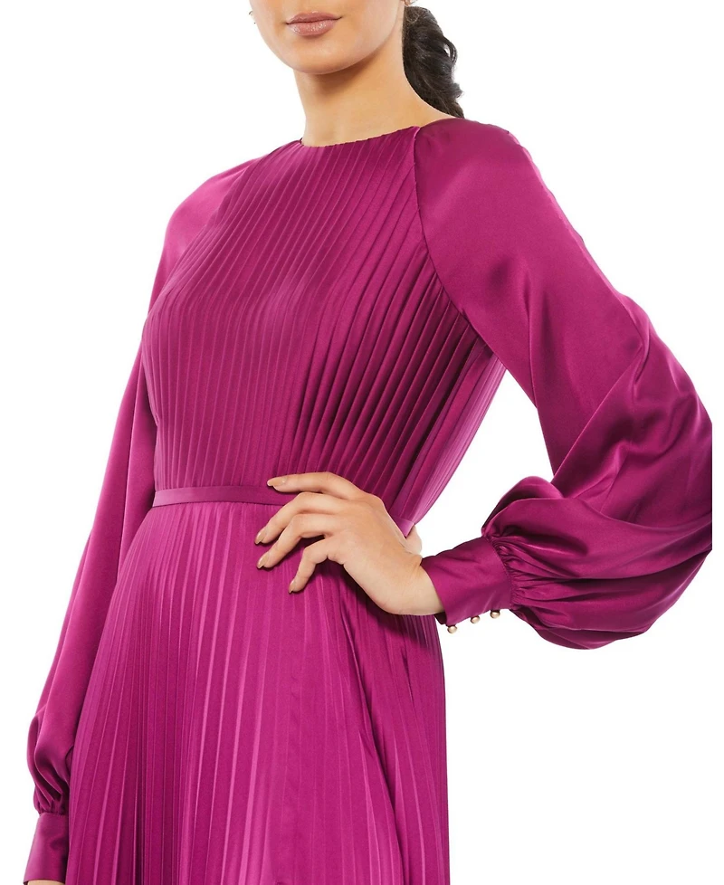 Mac Duggal Women's Ieena Long Sleeve Pleated High Neck Gown