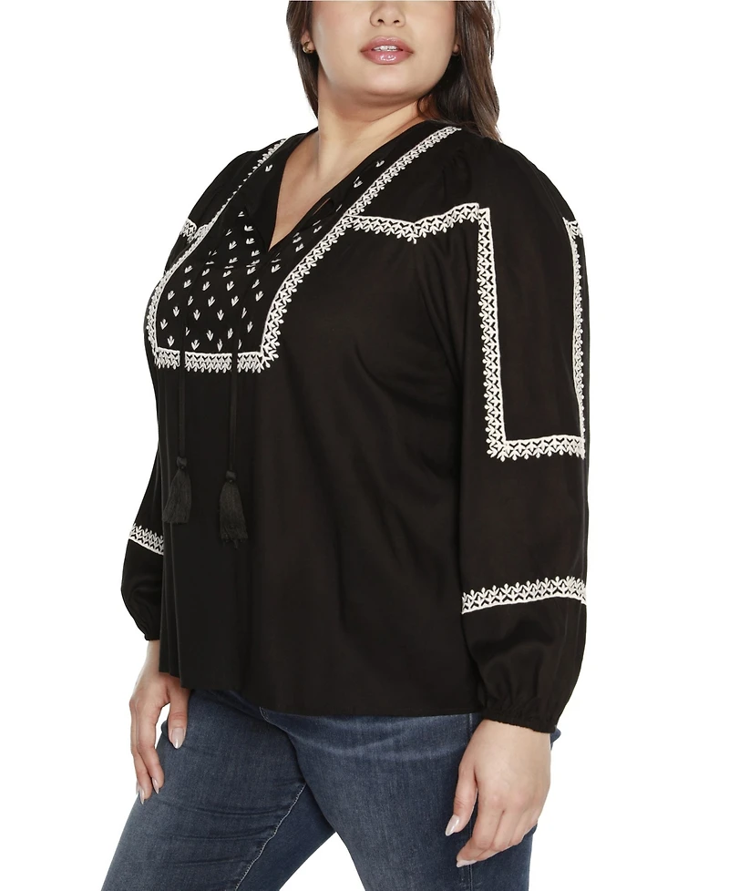 Belldini Black Label Plus Embroidered Blouson Tie Neck Top