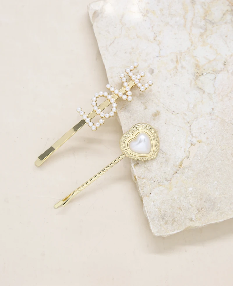 Ettika Imitation Pearl and Gold-Tone Love Heart Hair Pin Set