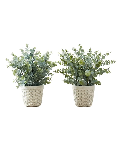 Monarch Specialties 13" Indoor Artificial Eucalyptus Grass Plants with Decorative White Pots, Set Of 2