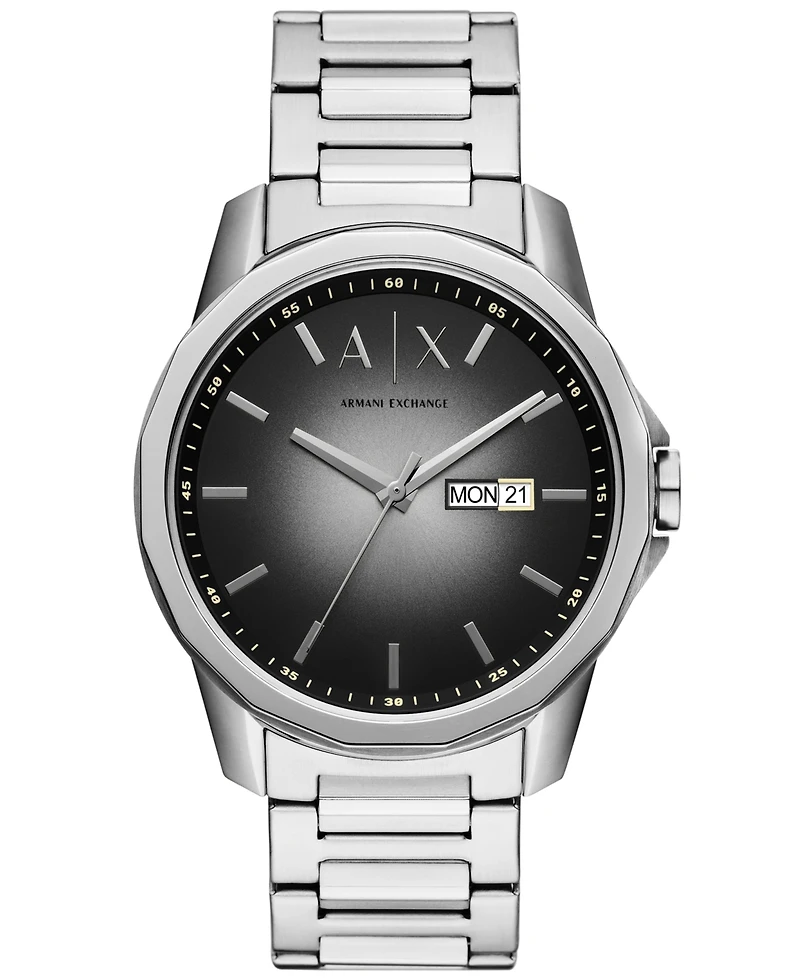 A|X Armani Exchange Men's Three Hand Day-Date Silver-Tone Stainless Steel Watch 44mm