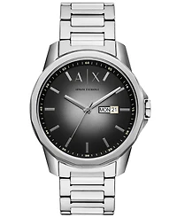 A|X Armani Exchange Men's Three Hand Day-Date Silver-Tone Stainless Steel Watch 44mm