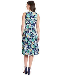 London Times Petite Keyhole Pleat-Neck A-Line Dress
