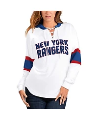 Women's G-iii 4Her by Carl Banks White, Blue New York Rangers Goal Zone Long Sleeve Lace-Up Hoodie T-shirt