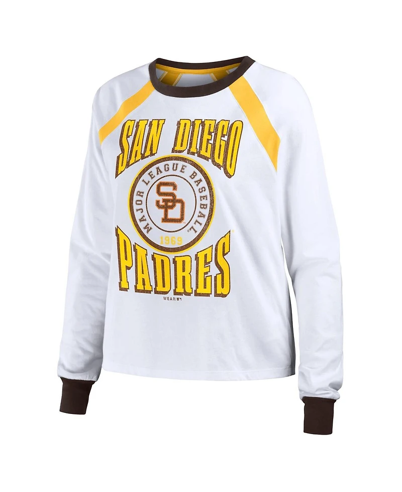 Women's Wear by Erin Andrews White Distressed San Diego Padres Raglan Long Sleeve T-shirt