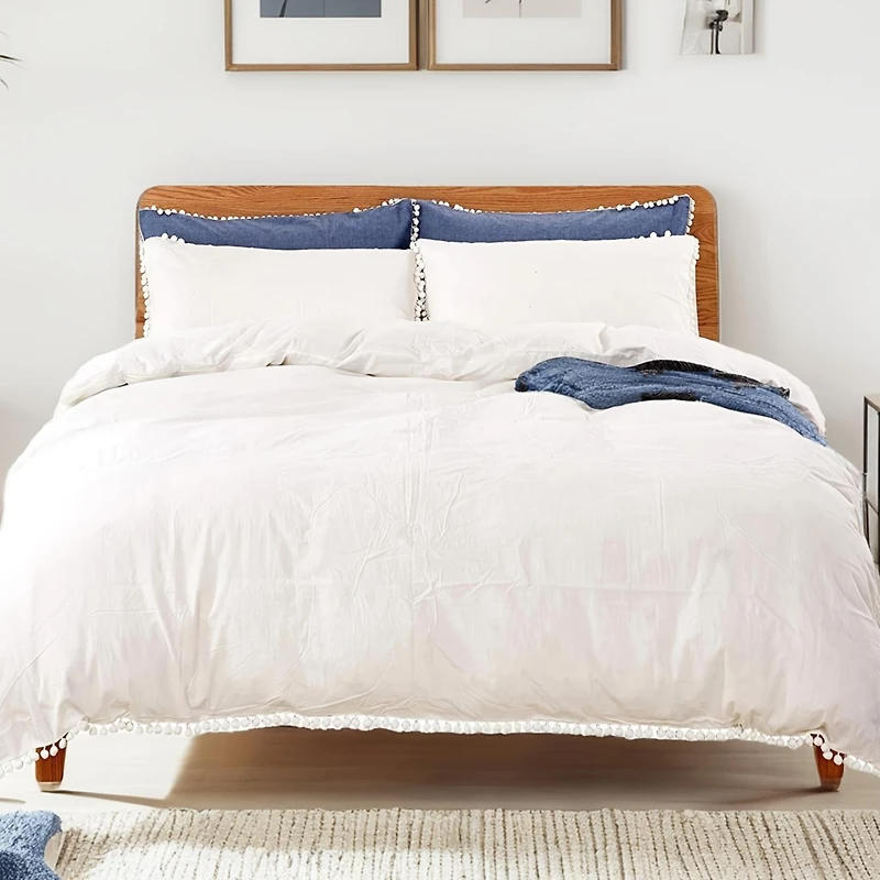 MarCielo 3 Piece Cotton Duvet Cover Pompom Set Queen