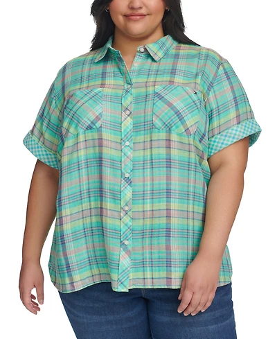 Tommy Hilfiger Plus Size Plaid Short-Sleeve Camp Shirt