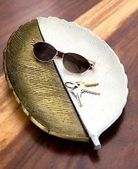 Nearly Natural 14in. Gold and White Leaf Decorative Accent Tray