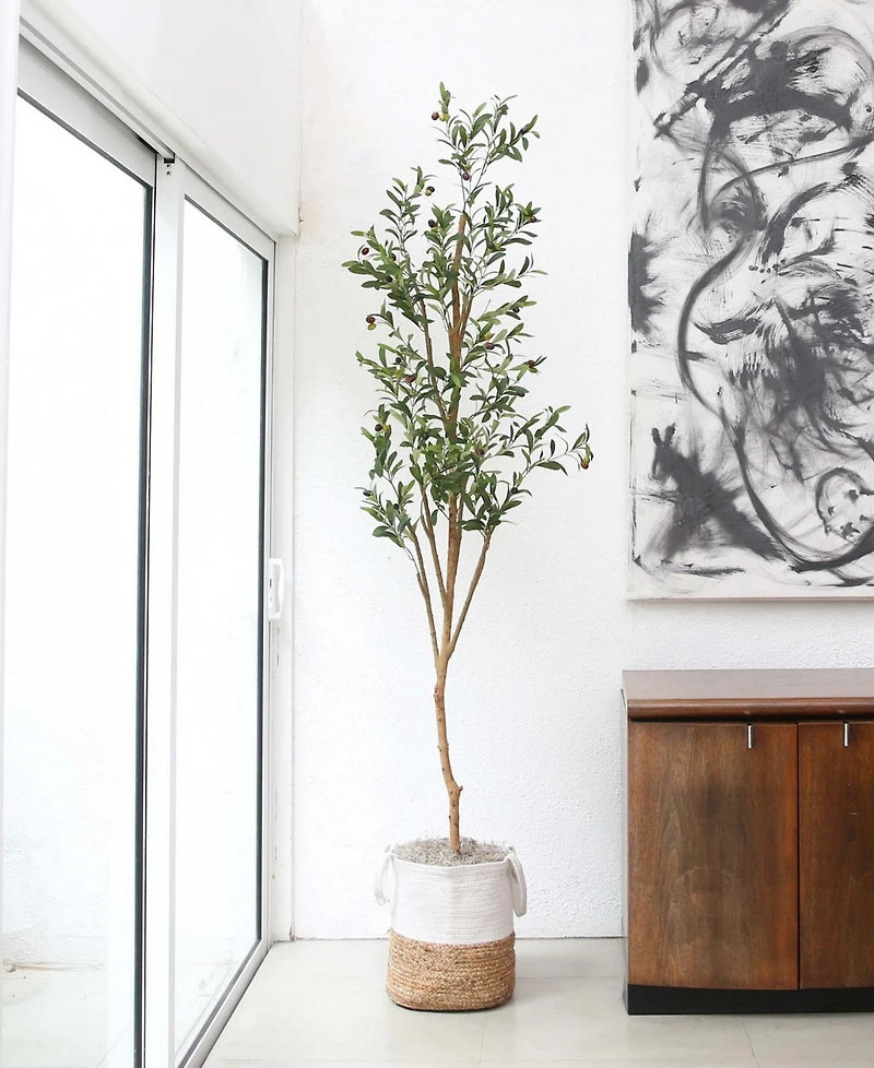 Nearly Natural 7ft. Artificial Olive Tree with Natural Trunk and Handmade Jute Basket