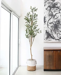 Nearly Natural 7ft. Artificial Olive Tree with Natural Trunk and Handmade Jute Basket
