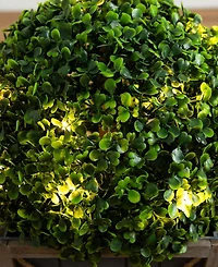 Nearly Natural 18in. Uv Resistant Artificial Boxwood Ball Topiary with Led Lights in Decorative Planter Indoor/Outdoor