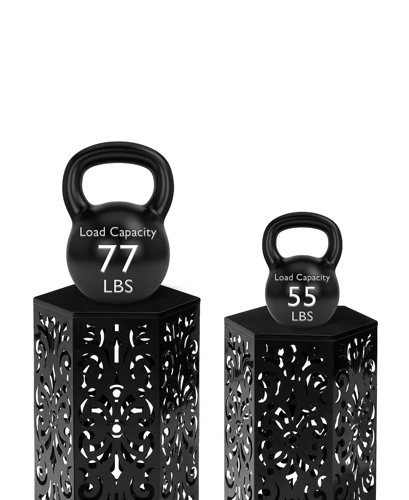 Glitzhome Multi-Functional Set of 2 Black Iron Cutout Floral Garden Stools or Planter Stand