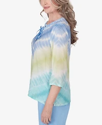 Alfred Dunner Women's Hyannisport Tie Dye Chevron Tunic Crew Neck Top