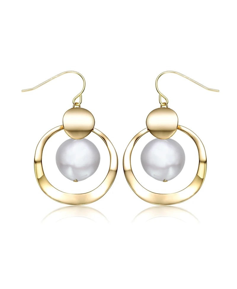Genevive Sterling Silver 14k Yellow Gold Plated with White Freshwater Pearl Concentric Halo Dangle Drop Earrings