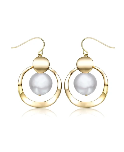 Genevive Sterling Silver 14k Yellow Gold Plated with White Freshwater Pearl Concentric Halo Dangle Drop Earrings
