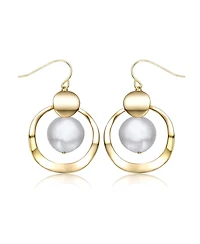 Genevive Sterling Silver 14k Yellow Gold Plated with White Freshwater Pearl Concentric Halo Dangle Drop Earrings
