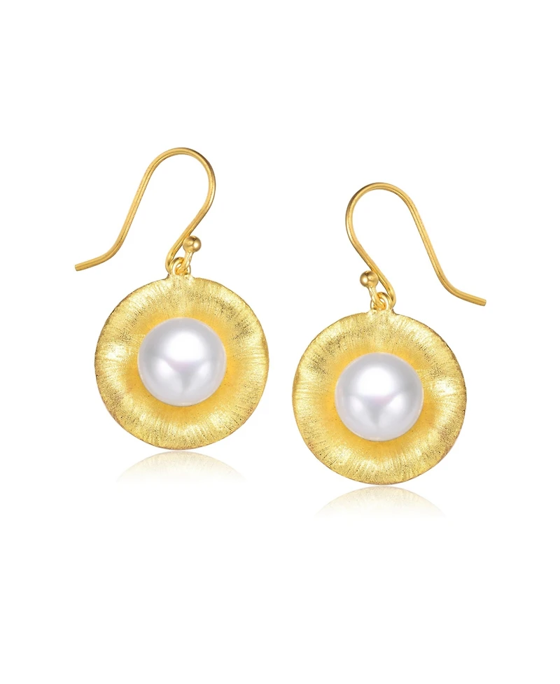 Sterling Silver 14K Gold Plated with Genuine Freshwater Round Pearl Hook Earrings