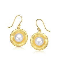 Sterling Silver 14K Gold Plated with Genuine Freshwater Round Pearl Hook Earrings