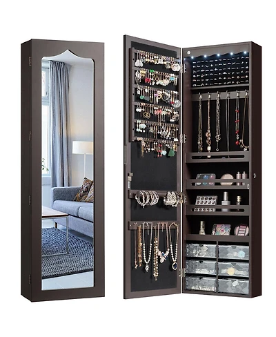 Sugift Door Hanging Mirror Jewelry Armoire with Full Length Mirror and 6 Drawers