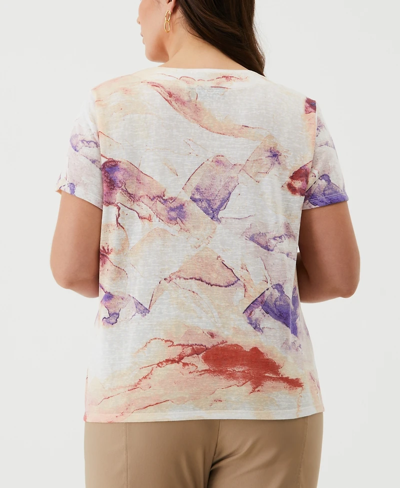 Ella Rafaella Plus Eco Watercolor Print Lace-Up Short Sleeve Tee Shirt