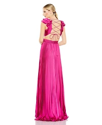 Mac Duggal Women's Ieena Pleated Ruffled Cap Sleeve Cut Out Lace Up Gown