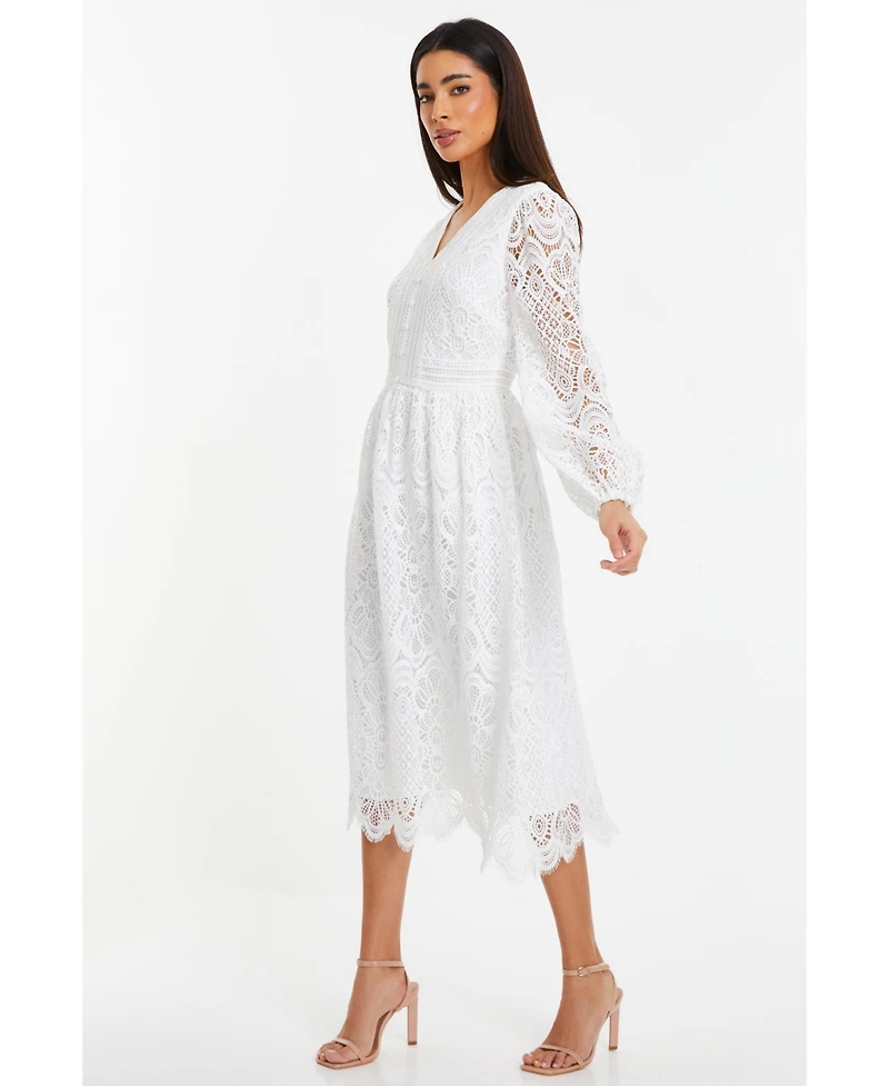 Quiz Women's Crochet Lace Long Sleeve Midi Dress