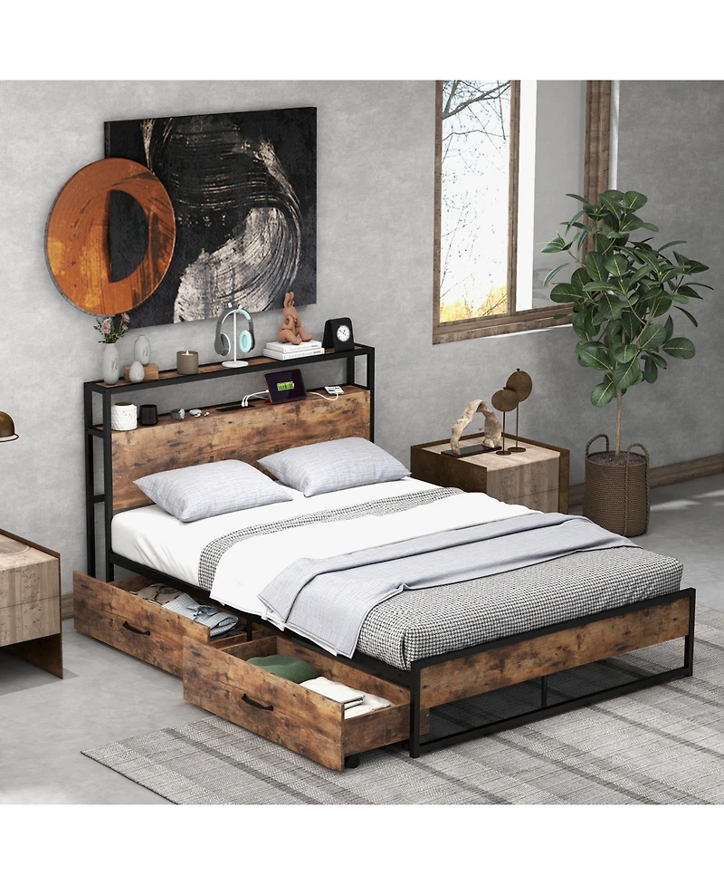 Bed Frame with 2-Tier Headboard and Charging Station