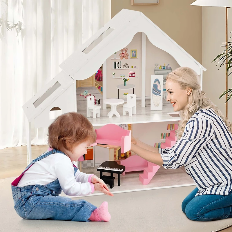 Costway Kids Wooden Dollhouse Semi-Opened Diy Playset with Simulated Rooms & Furniture