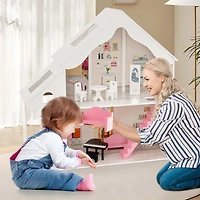 Costway Kids Wooden Dollhouse Semi-Opened Diy Playset with Simulated Rooms & Furniture